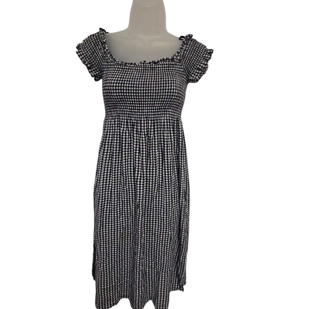 Bardot Black White Gingham Smocked Midi Dress Womens US 4 XS Cottagecore Ruffle